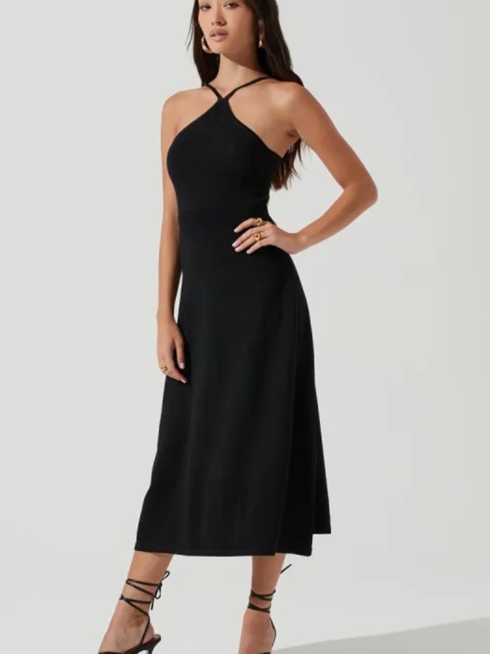ASTR the Label Talia Halter Black Cutout Midi Dress with Cross-Strap Neckline